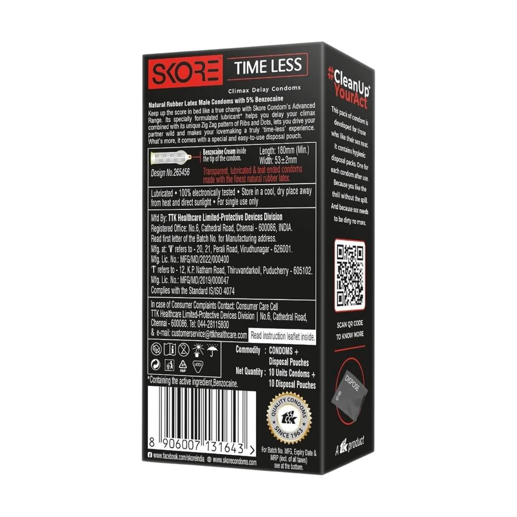 Preservativos Skore Timeless de Látex com Costelas e Pontos com Textura em ZigZag Retardam o Prazer Pacote de 1 x 10 unidades Com Sacos para Descarte