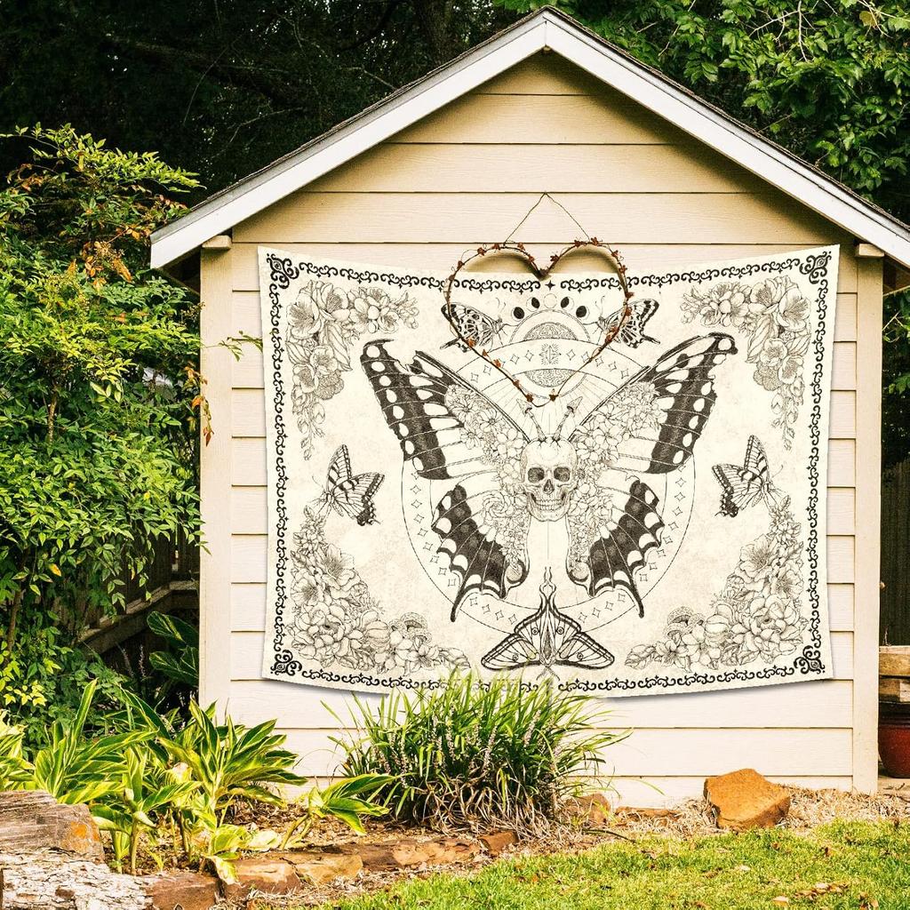 Boho Skull Tapestry Butterfly Floral Mushroom Moth Wall Decor Aesthetic Wall Hanging for Bedroom Goth Outdoor Docor Linen