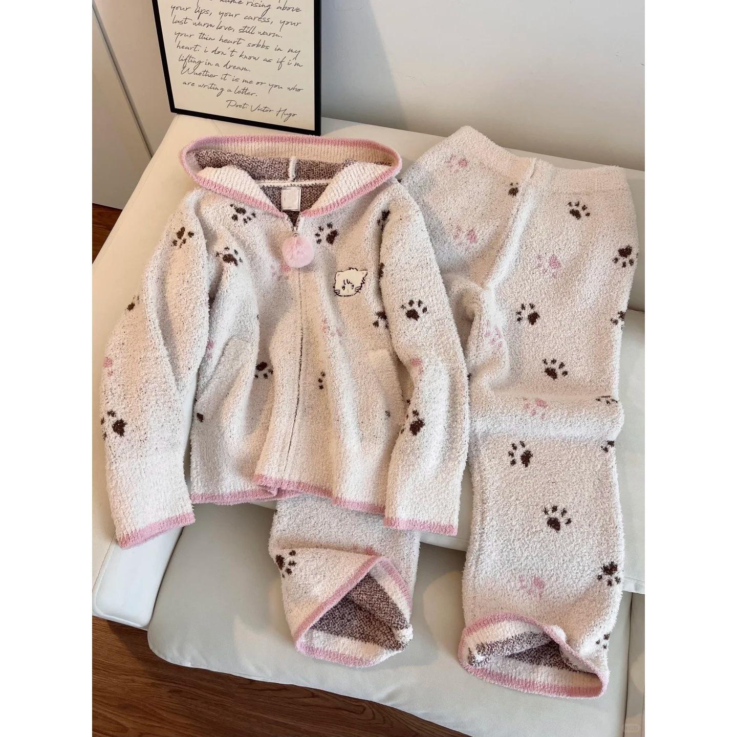 

Korean hooded cat paw Mary cat knitted half-edge velvet pajamas women s autumn and winter new warm thickened loungewear spot M
