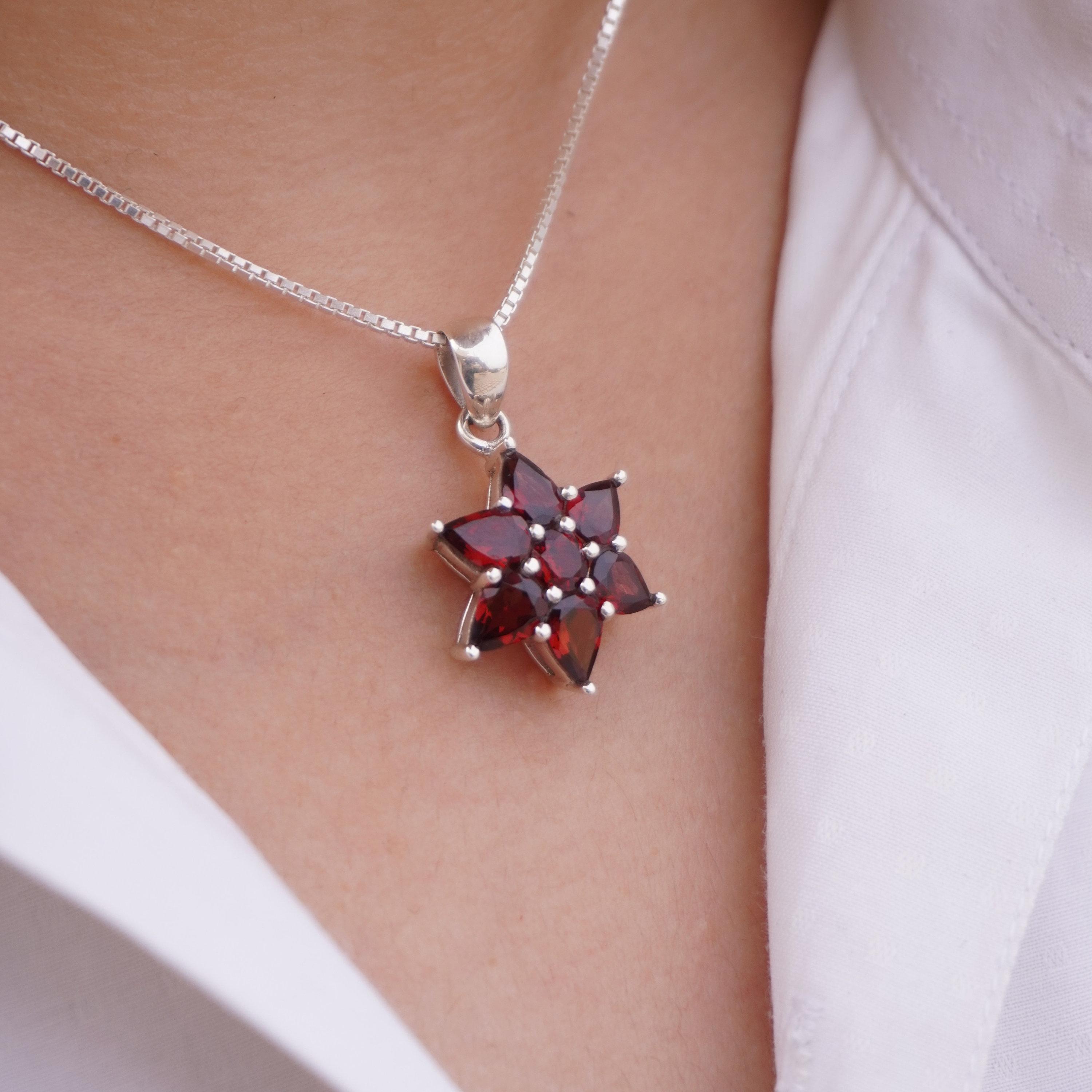 Floral Garnet Pendant: Solid 925 Sterling