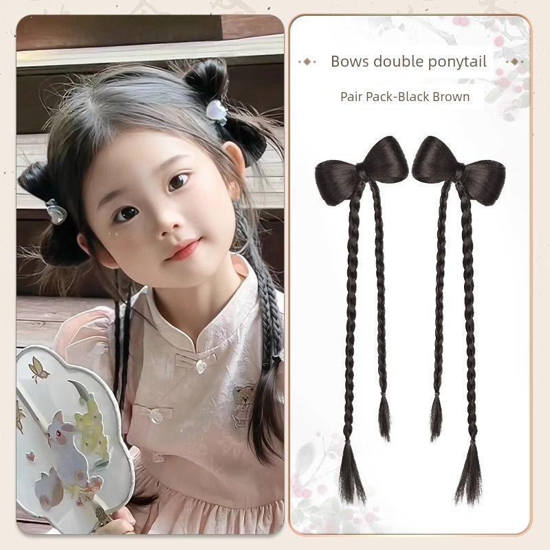 

Kids Wig Bow Claw Clip Braid Bun Chinese Ancient Style Bun Hair Bag Han Dynasty Pair Ponytail Cable Stitch Boxing Braid Kids Bows Double Braid-Brown Black (Pair)