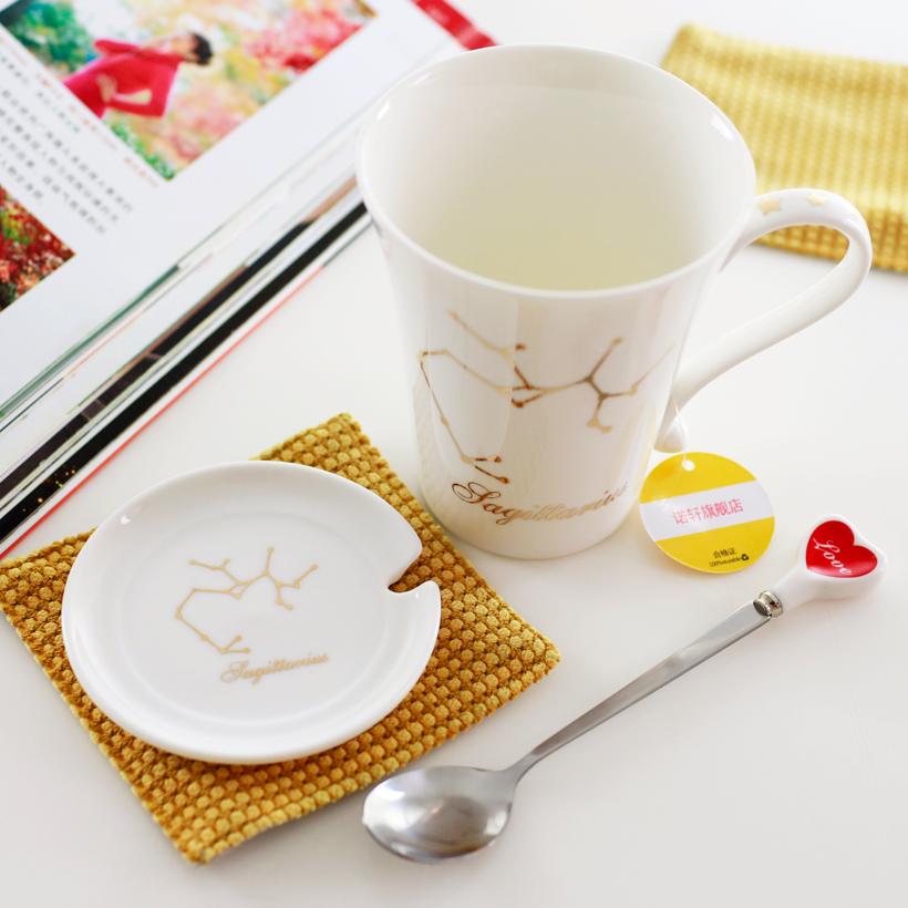 Tierkreiszeichen Keramiktassen-Set: Stilvolle Sternbild-Tasse für Zuhause, Paare, Kaffee und Tee, komplett mit Deckel und Löffel.