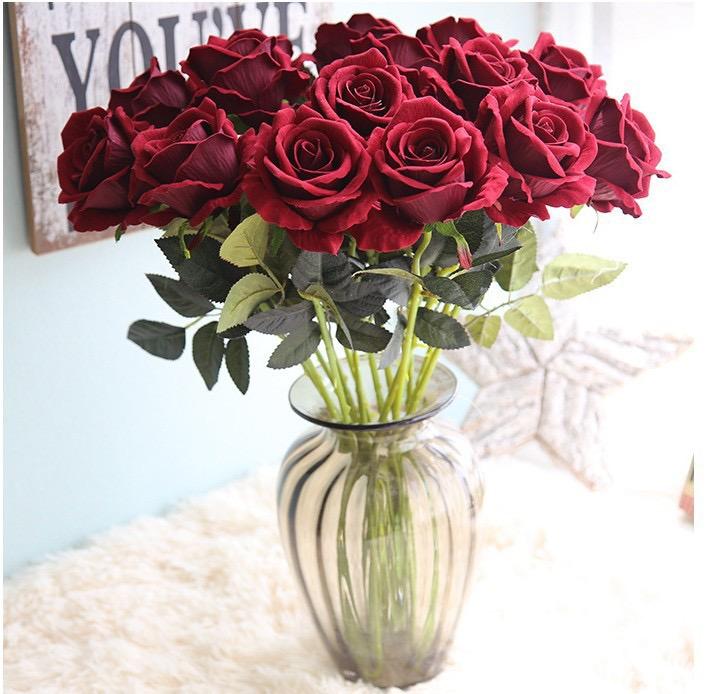 Artificial Flower Single Velvet Rose Flower for Wedding Decor