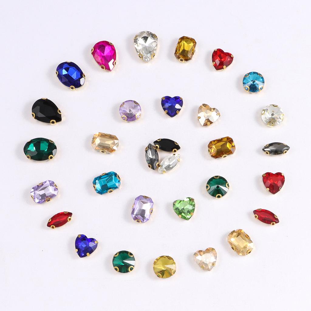 Mixed size glass rhinestone with claw cut diamond on stone bar, K gold base metal crystal, used for embroidery 50 pieces/pack