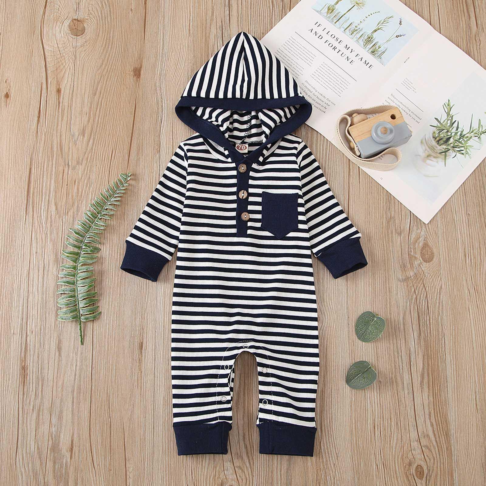 

Новорожденный Малыш Младенец Комбинезон-Ромпер с Длинным Рукавом в Полоску с Капюшоном 80 синий