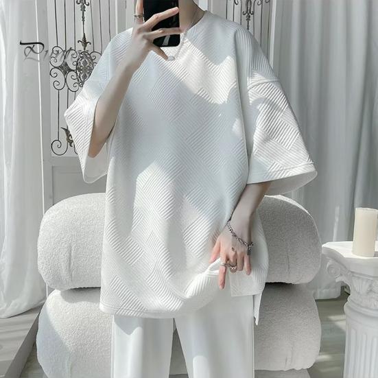 Camiseta de verano para hombre, cuello redondo, holgada, de largo medio, de color liso, con textura de gofre, talla grande, media manga, estilo japonés, ropa de calle para exteriores