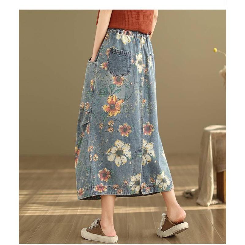 Mori Girl Autumn Women Midi Denim Skirt Elastic Waist Floral Print Vintage Skirt Retro Elegant Skirt With Pockets