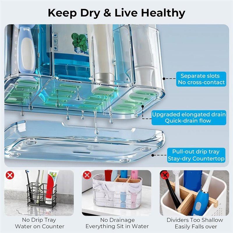 Wall Mounted& Countertop Bathroom Toothbrush Holder With Drainage, Detachable Adjustable Divider, 5 Slots-B61B