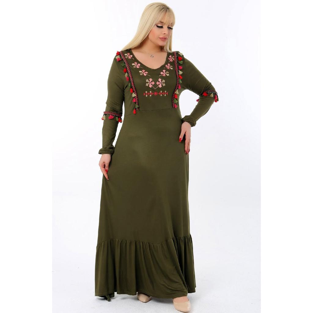 Embroidered V -neck Tassel Skirt With Frilly Long Arm Full Size Dress