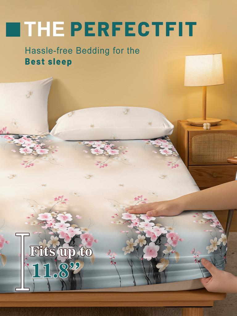 1 Simple Modern Plant Flower Printed Matte Fitted Sheet, Bedroom Printed Bed Cover, Bedding (Excluding Pillowcases)