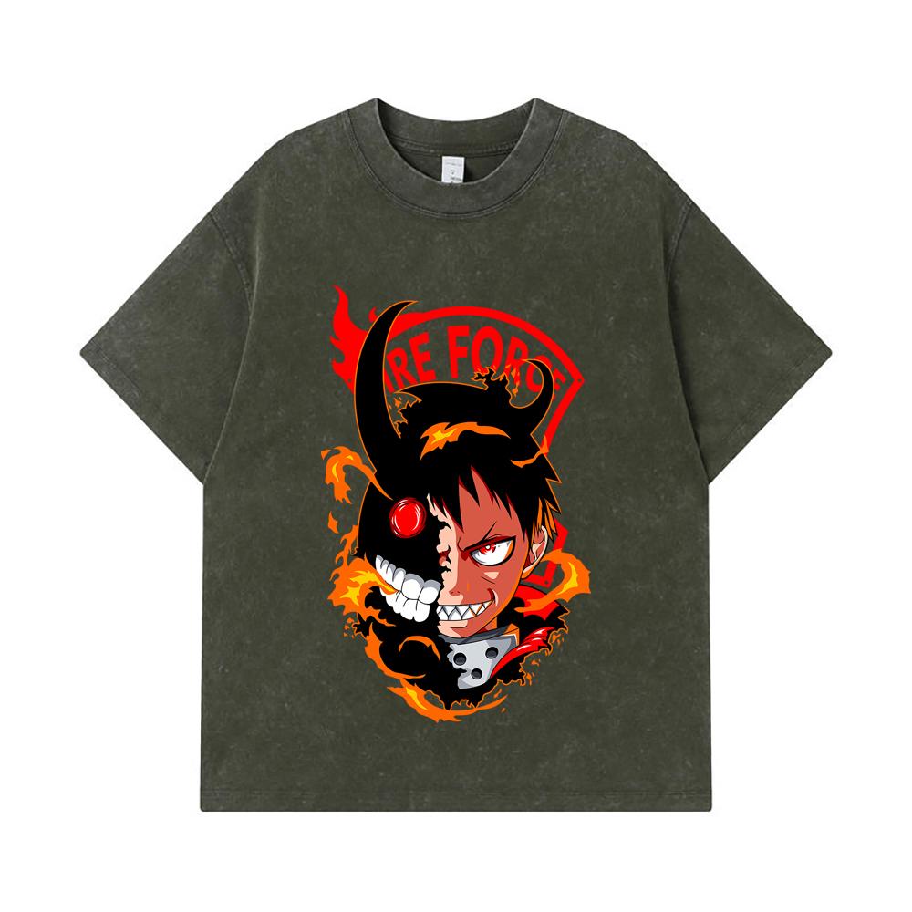 

275 GSM Washed T-shirts 100% Cotton Fire Force V1 Shinra Print Unisex Heavy Cotton T Shirt S армия зеленый