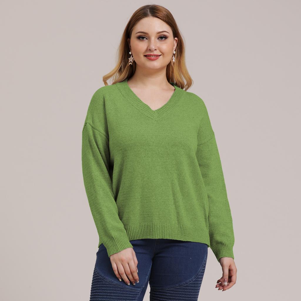 Autumn and Winter Plus Size Women's Solid Colour Simple Woven V-neck Pullover Jumper