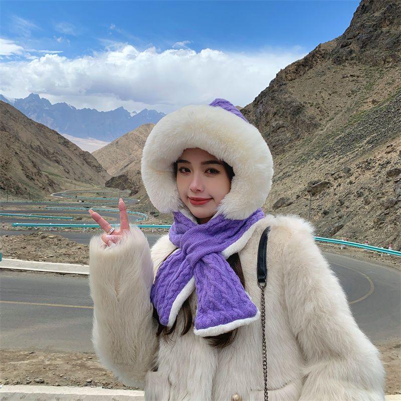 Autumn Winter Japanese Style Cute Plush Ear Protection Scarf Hat Integrated Knitted Fleece Lined Thickened Warm Wool Lei Feng Hat