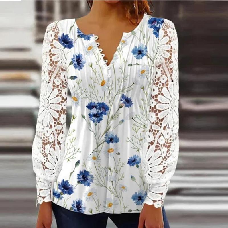 Tricou cu mânecă lungă din dantelă elegantă pentru femei de primăvară, tricou cu imprimeu floral, vară, subțire, cu decolteu în V, cu butoane, la modă, ocazional, mai sus, S-5XL