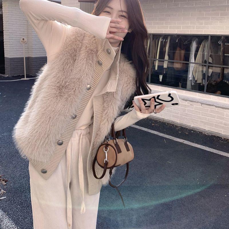 High Collar Knitted Splicing Vest Women's Vest Autumn and Winter Loose Plush Vest Sleeveless Jacket Fluffy Waistcoat