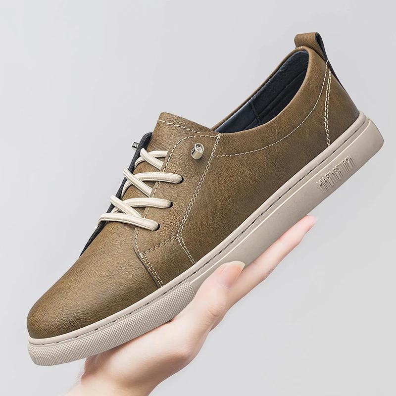 Fashion Mens Sneakers Genuine Leather Fashion Walking Casual Shoes Office Comfortable Men Lace-Up Skate Flats Non Slip Youth Penny Shoe