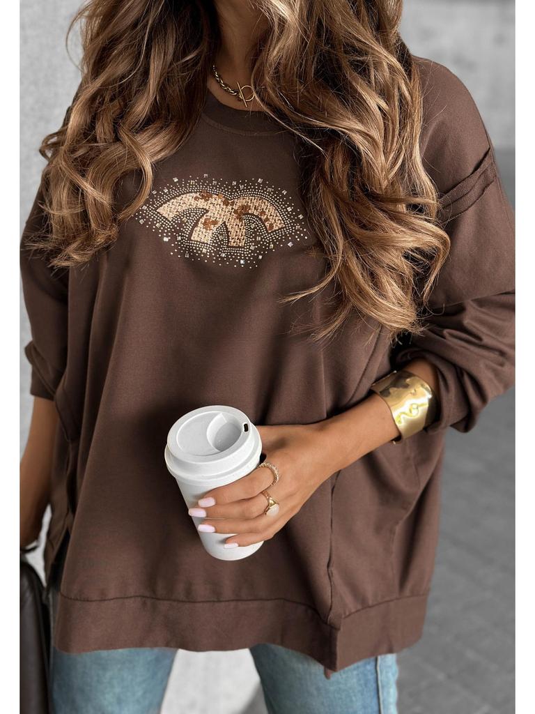 European & American Style Women's Autumn Round Neck Rhinestone Long-Sleeve Sweatshirt