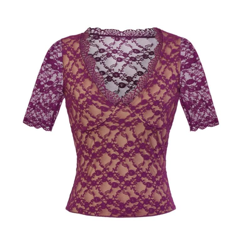 Lace V-neck Splicing Medium-sleeved T-shirt Women's Summer New Spice Girl Slim-fitting Waist Bottoming Shirt Five-quarter-sleeved Top
