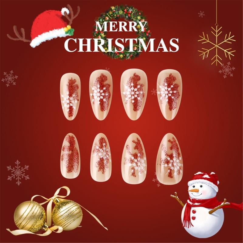 Medium Almond Christmas Press On Nails Glitters Design Full Cover Glossy Acrylic Nails False Nail Decoration 24pcs