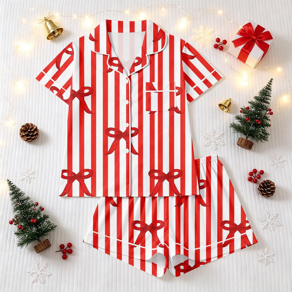 Women's Christmas Pajama Set Short Sleeve Button Down Shirt and Shorts Sleepwear