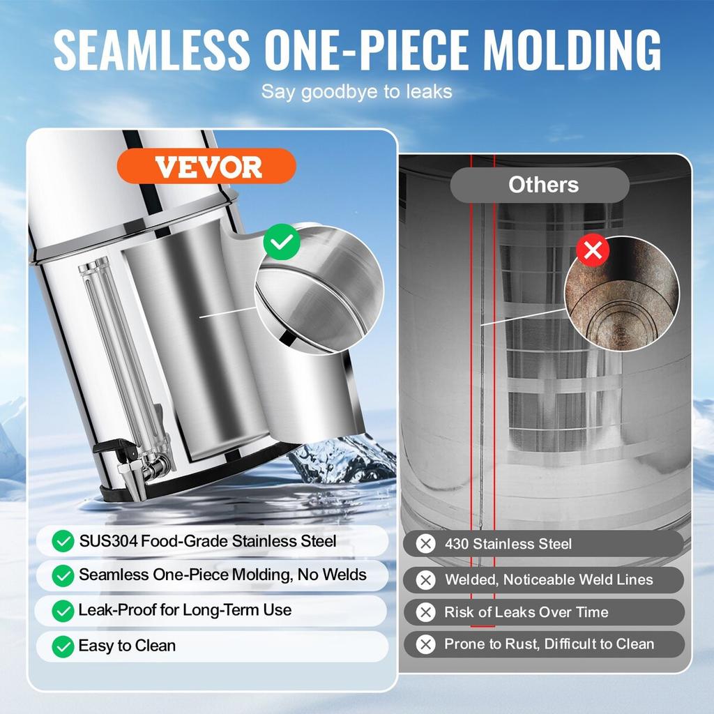 Gravity-fed Water Filter System, 2.25G 304 Stainless-Steel Countertop System, Water Filtration System, Reduces Lead and Up To 99% of Chlorine, with 2