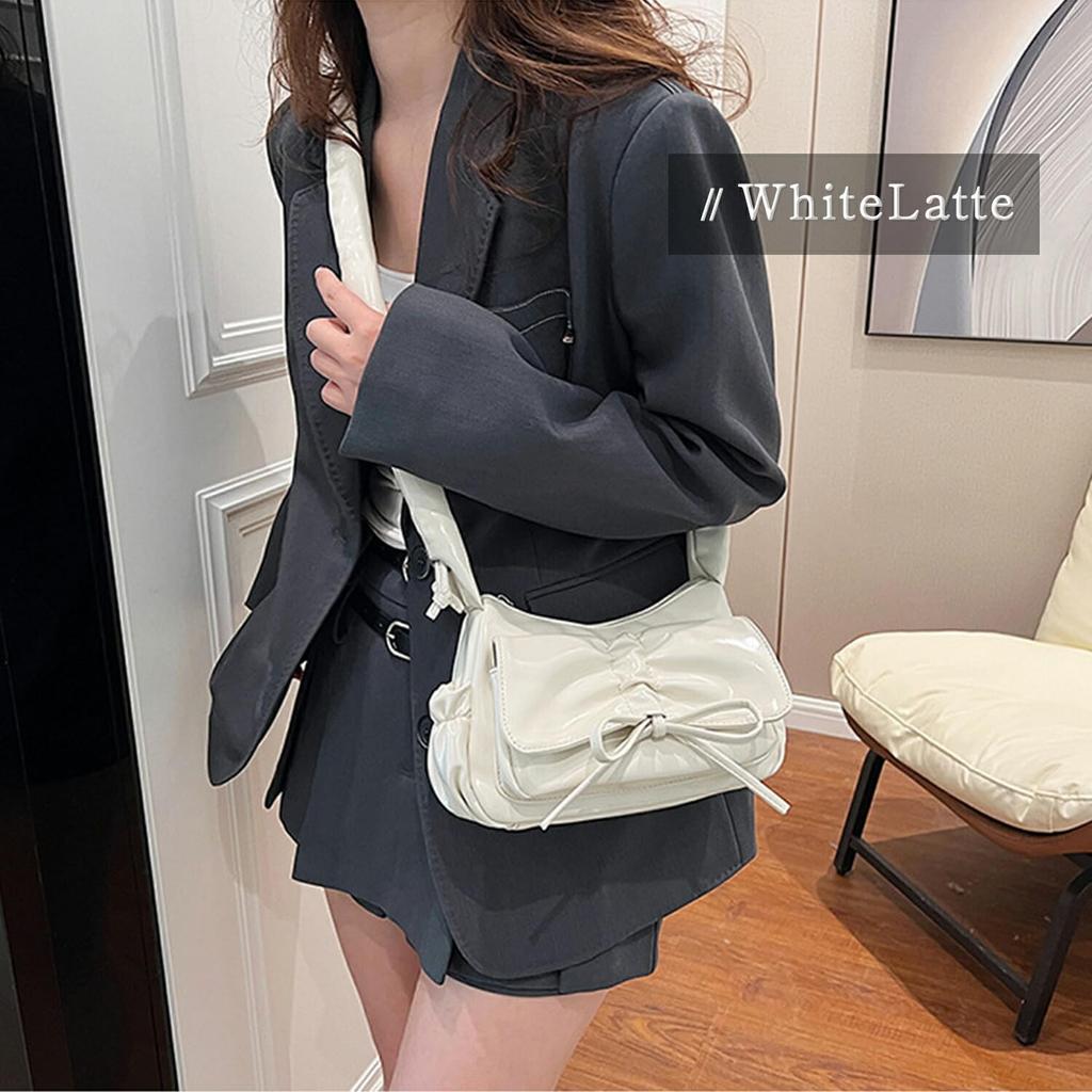 GOLWIS Ribbon Gathered Shoulder Bag with Small Handles, PU Leather, and Scrunchy Design. 2-Way Mini Shoulder Bag, Crossbody, or Handheld. Korean