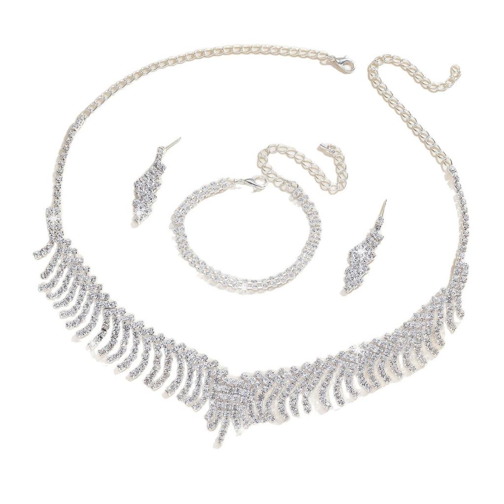 Best-selling Exquisite Claw Chain Necklace Earrings Full Diamond Rhinestone Two-Piece Set Collarbone Silver Wedding Party Gift