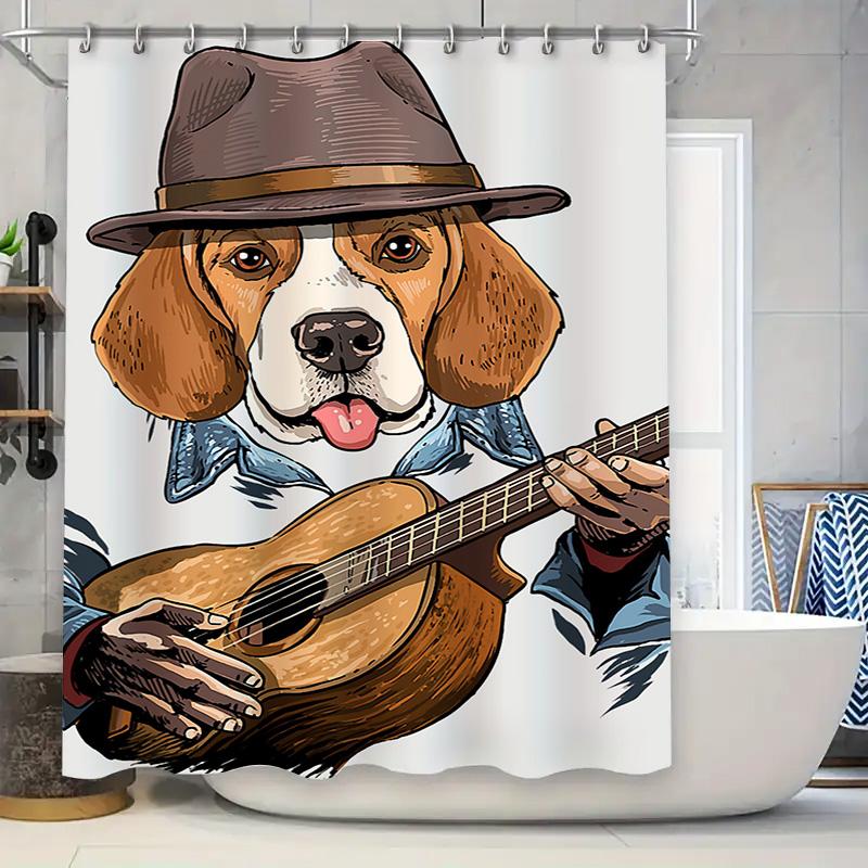 

Charming Dog Guitar Shower Curtain Set For Bathroom Decoration Modern Cartoon Pet Print Wall Art In Various Sizes For Home Decor W60H190(CM)-1 Pcs