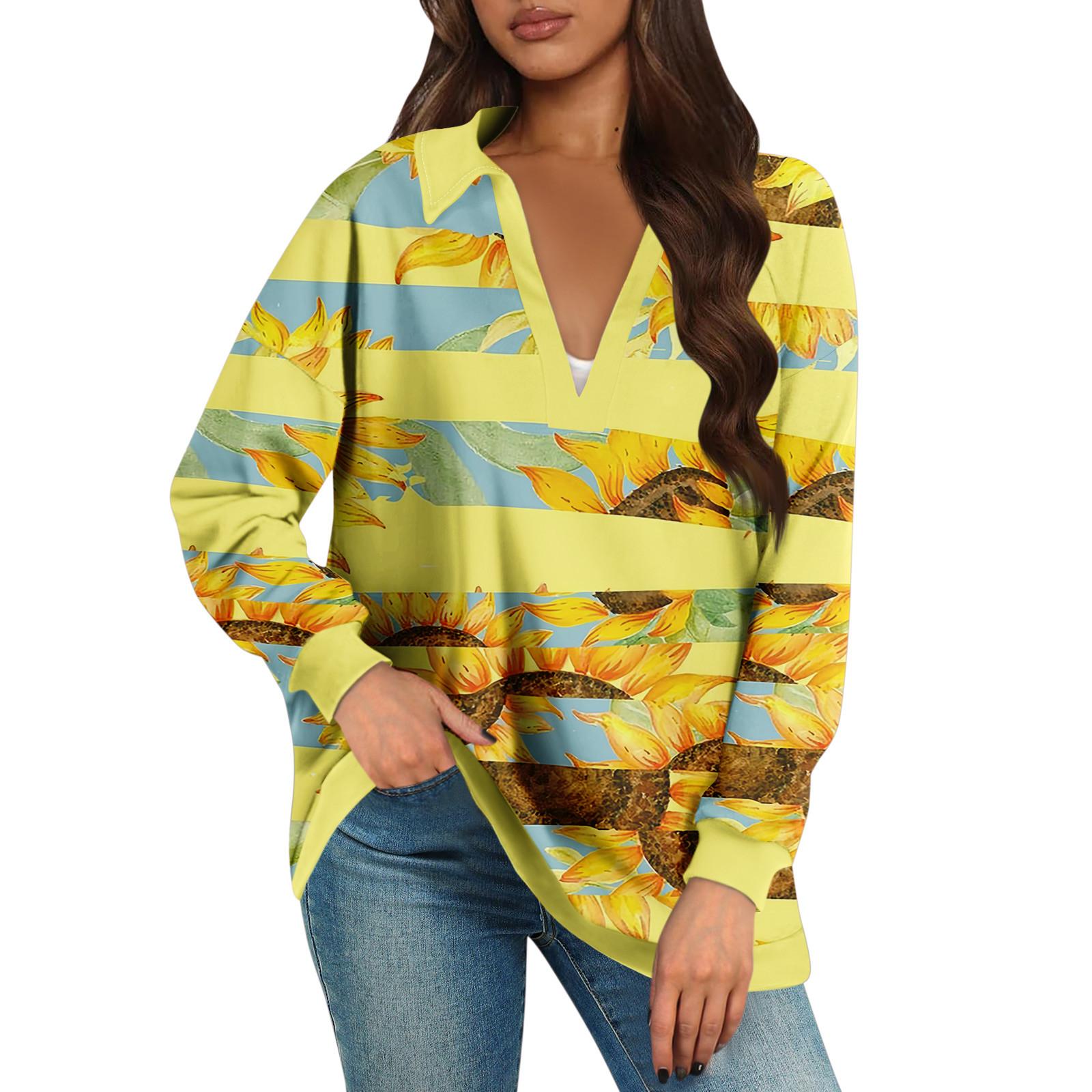

Жіночі світшоти великого розміру Осінні топи з довгим рукавом і V-подібним вирізом Повсякденний пуловер із принтом Милий повсякденний одяг XL жовтий