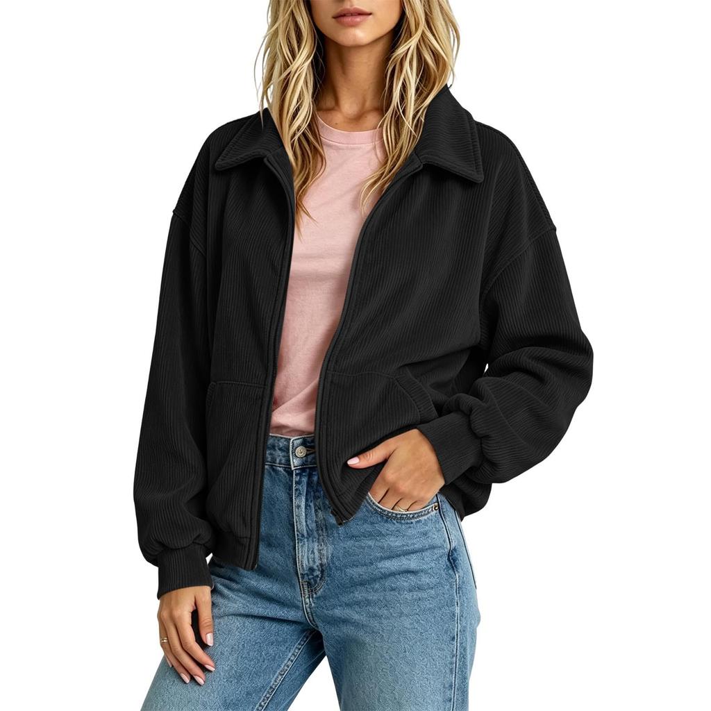 Women Zip Up Jacket Loose Fit Casual Lightweight Corduroy Outerwear Full Zip Front Pockets Long Sleeve Relaxed Fit Coat