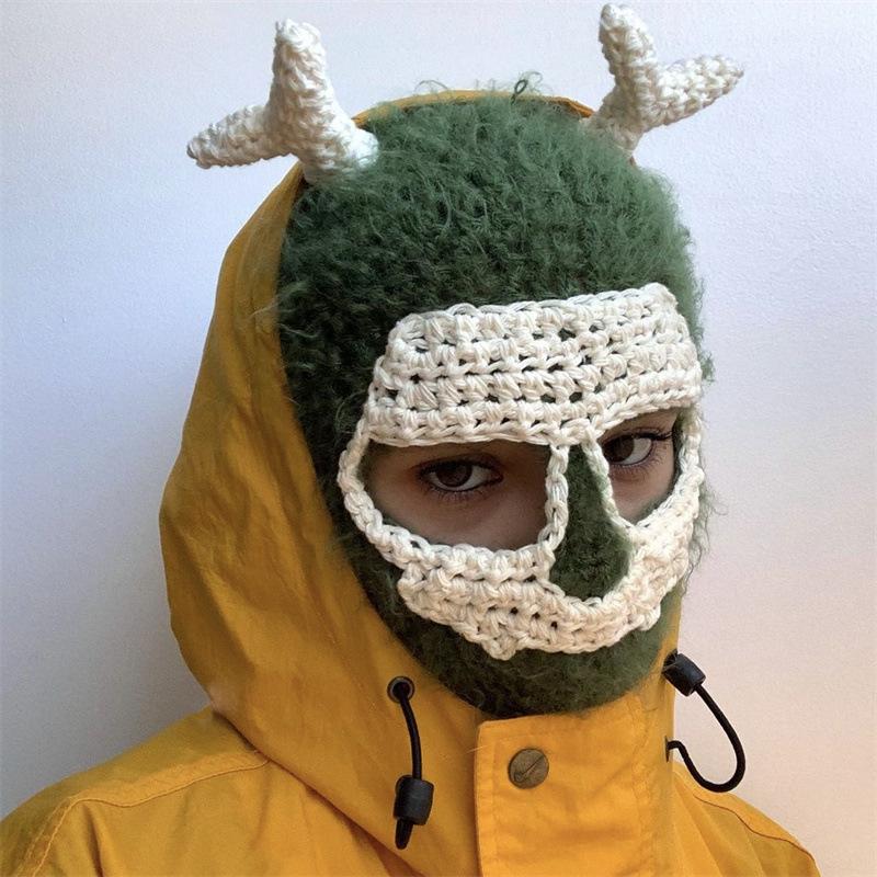 New Handmade Crocheted Ice Strip Rabbit Ear Flower Ski Mask Adult Hat