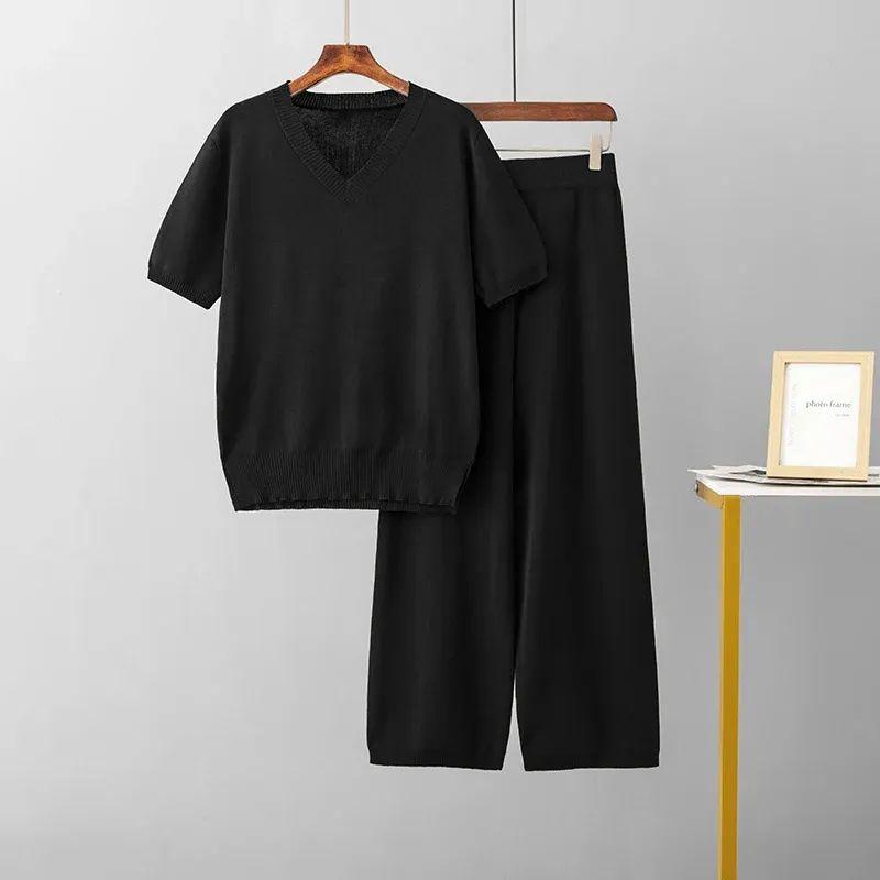 Cross-Border Summer Fashion Knitting Suit Over fit knit Top Two-piece Set High Waist Drape Straight Casual Trousers