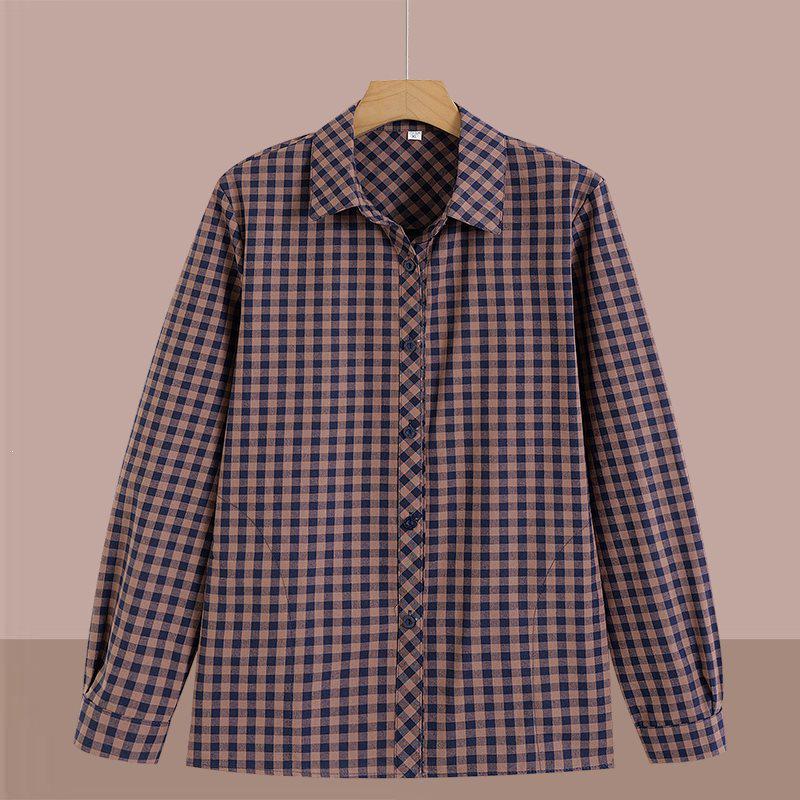 Spring/Autumn Plaid Loose Long-Sleeve Shirt for Women Aged 50-60