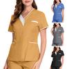 Col en v à manches courtes hôpital infirmière hauts Patchwork couleur poches boutons décolleté hauts chirurgie dentaire hauts vêtements de travail