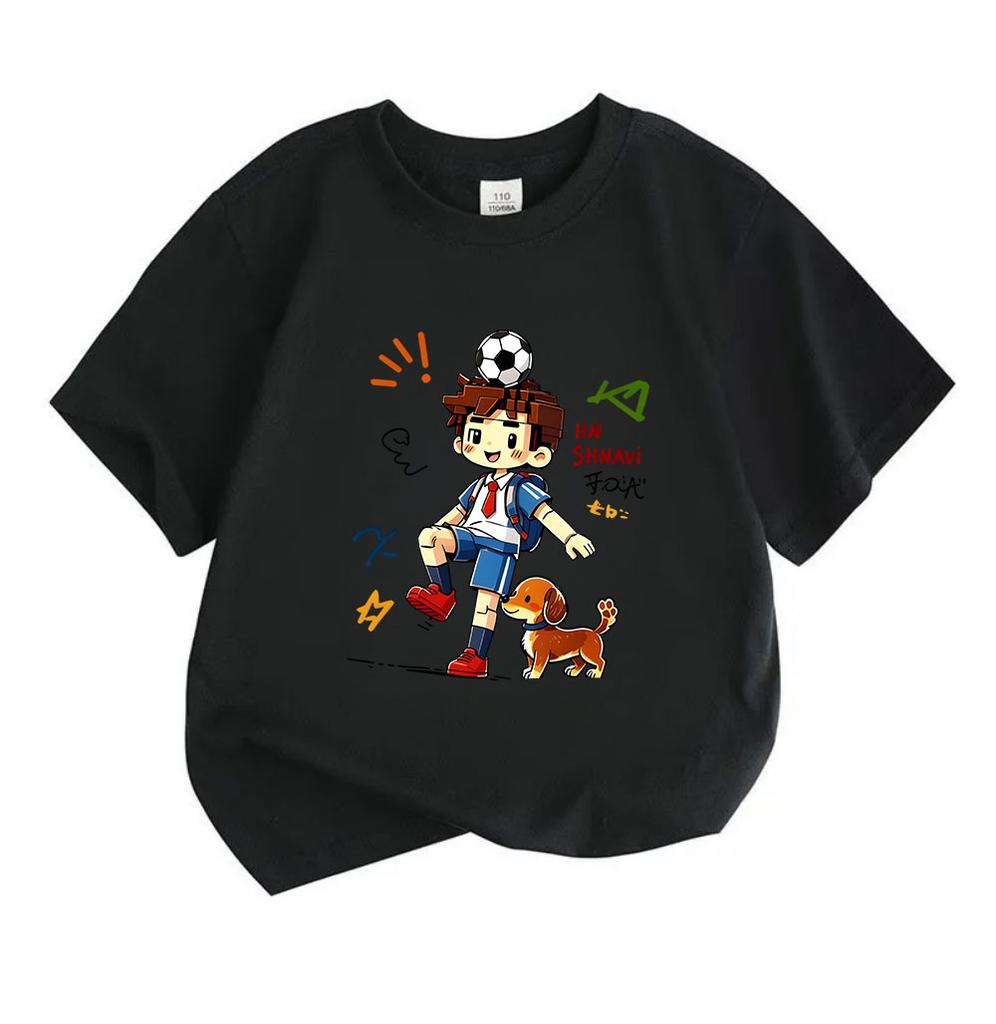 Cute Block Style Boy Soccer Dog Print Kids T Shirt 100% Cotton Casual Crew Neck Short Sleeve Tees for Boys Girls Soft Breathable Daily Wear Tops