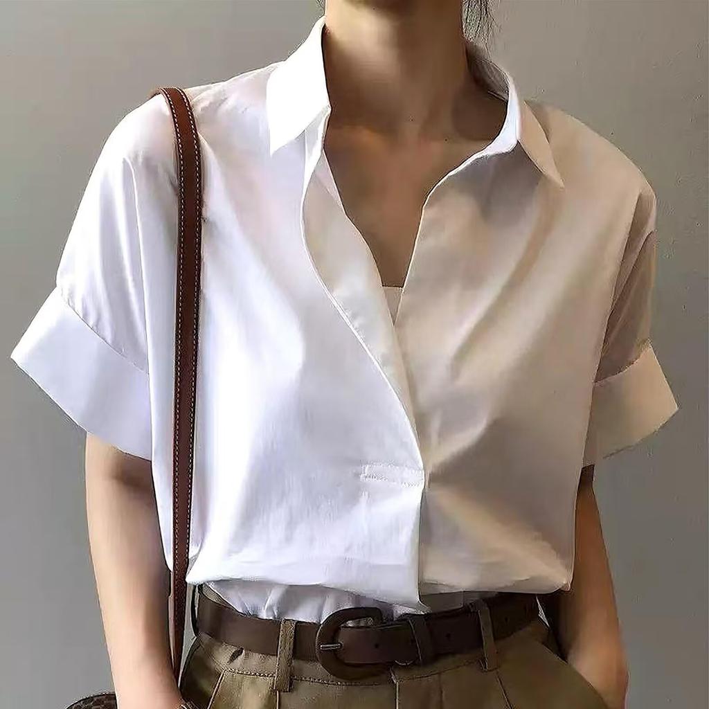 Blouse for Short Sleeve Office Commuting [Quiet Wave] Women, Top, Chiffon, Plain, Buttonless, Collared, Slimming, Elegant, Figure-Hidden, Stylish,