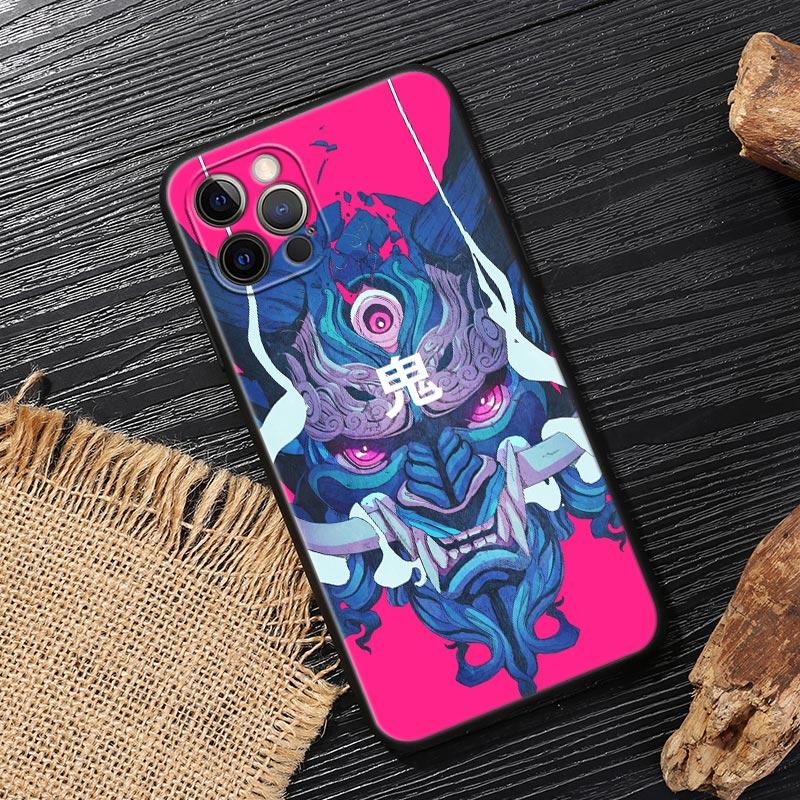 Japan Oni Samurai Yokai Mask Dragon Art Black Cover For Apple iPhone 15 13 14 12 11 Pro Max Mini XS 6 7 8 Plus Cases Soft Fundas