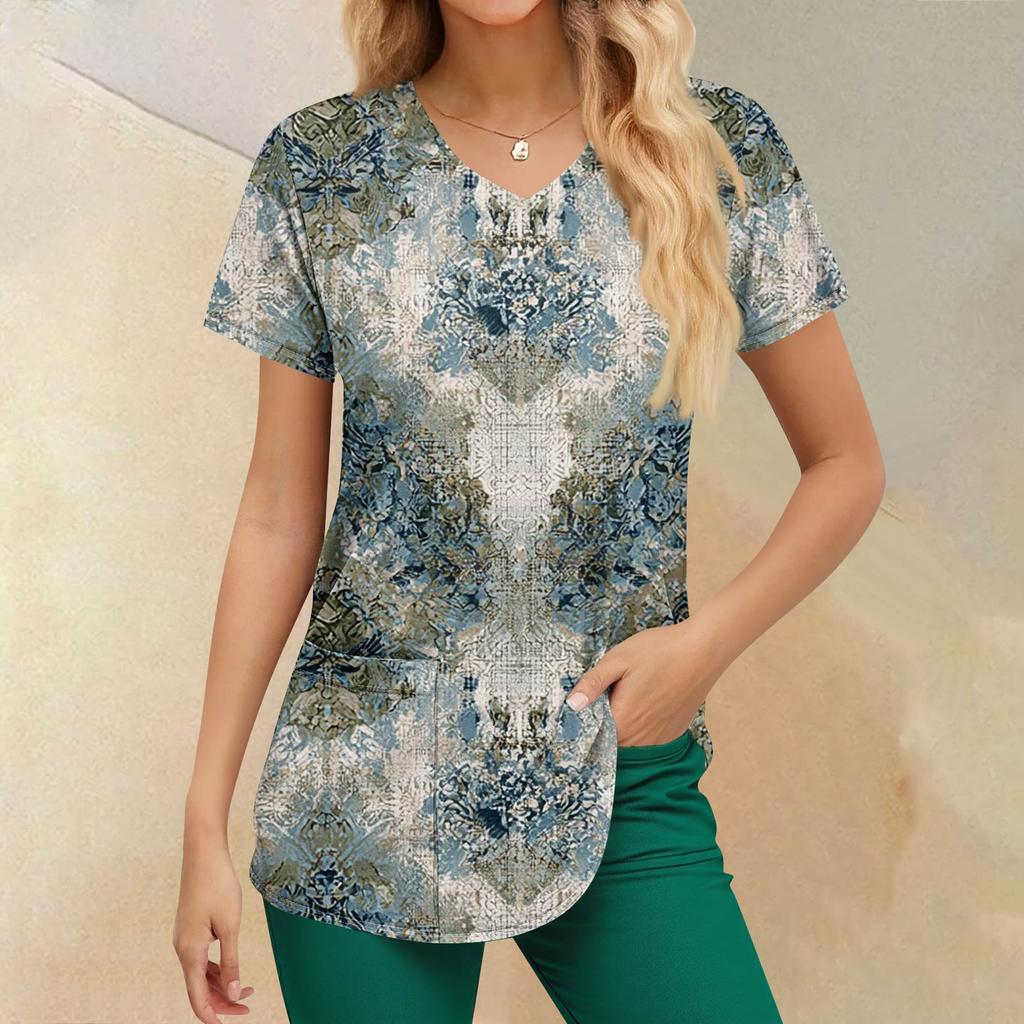 Pracovní uniforma s potiskem nadměrných velikostí pro ženy Potisk s výstřihem do V Krátký rukáv Zábavná trička Pracovní oblečení Tričko s kapsami