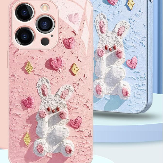Three-dimensional Bunny iPhone16 Pink Glass Case Apple 17promax Fine Hole All-inclusive Mobile Phone Case