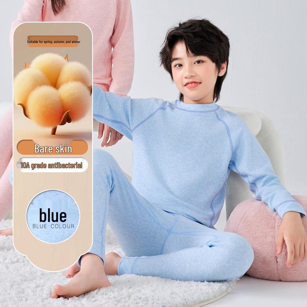 Kids' Warm Lycra Cotton Underwear Set: Autumn Solid Color Sweater & Pants for Boys and Girls