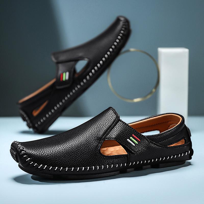 2025 Male Walking Shoes Casual Men Beach Sandals Roman Style Mens Sandals Summer Leather Shoes for Beach Outdoor Hollow Out