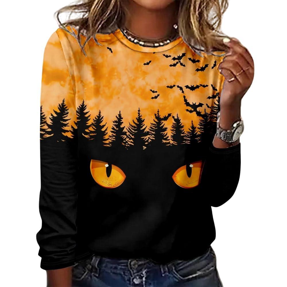Women's Halloween 3D Printed Pumpkin Face Bat Long Sleeve Shirt Autumn Loose Casual Polyester Round Neck Fashion Casual Top