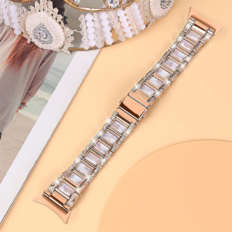 For Google Pixel Watch 3 41mm/Watch 2/Pixel Watch Stainless Steel Resin Strap Bracelet Rhinestone Decor Replacement Wristband