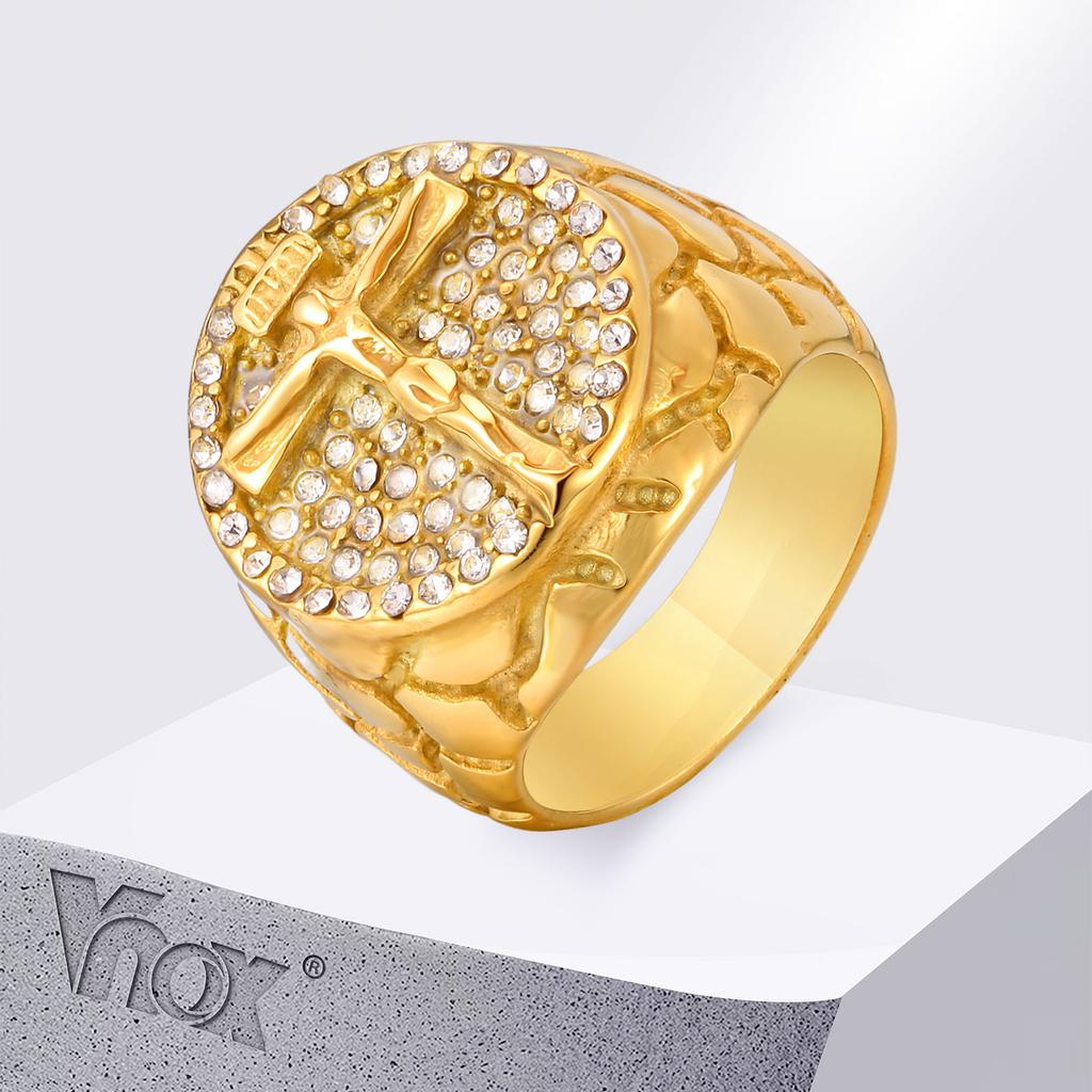 Vnox Cross Ring Stainless Steel Cubic Zircon Crucifix for Men, Size 7-12 18K Gold Plated Rings, Religious Christian Jesus Ring