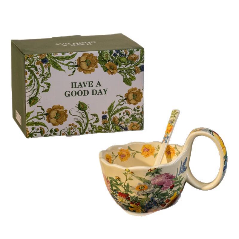 OLOEY Luxury Floral Ceramic Mug with Long Spoon