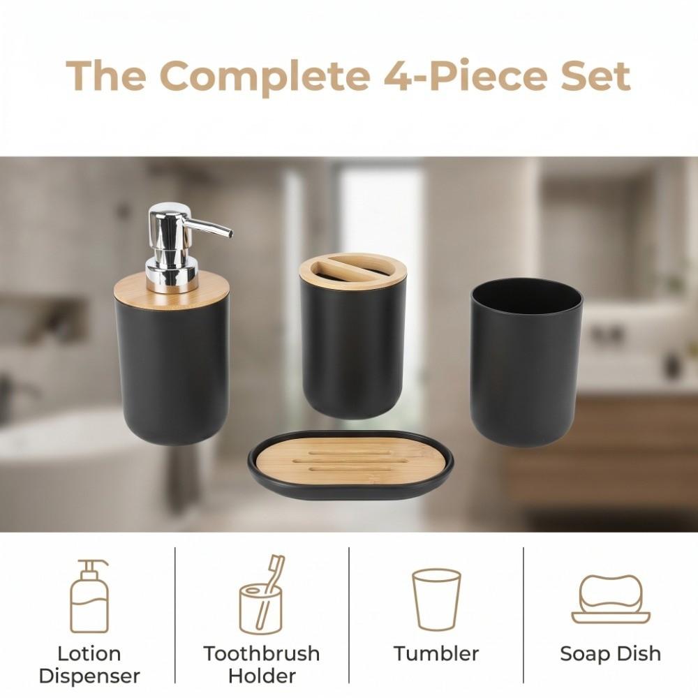 4-teiliges Badezimmer-Accessoire-Set Kunststoff Bambus Badezimmer-Organizer-Set Badezimmer-Zubehör-Set Familie