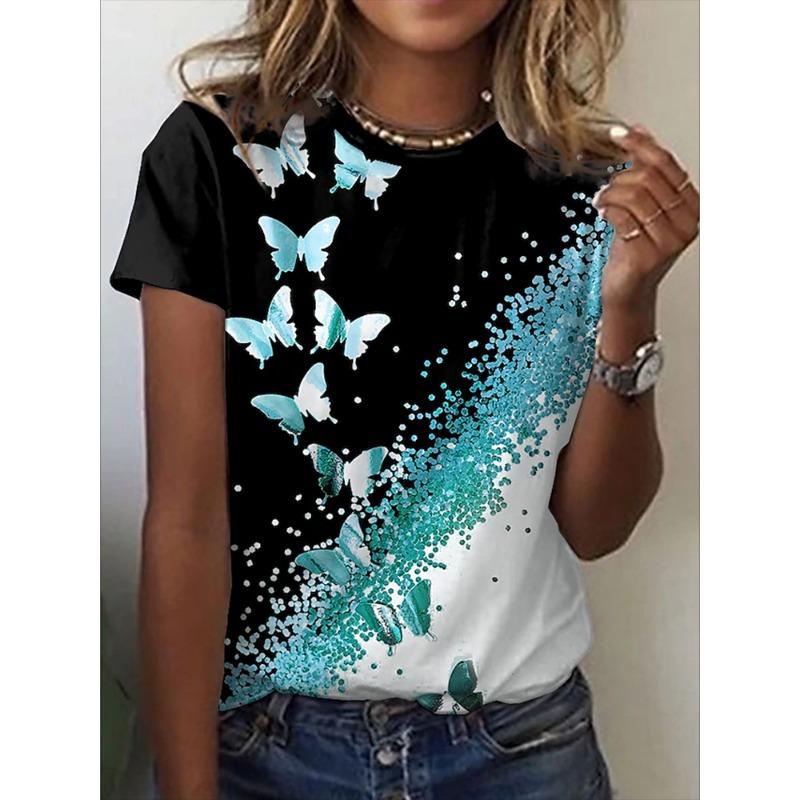 Latest Women's T-Shirt 3D Butterfly Print Top Short Sleeve Tee Fashion Round Neck Clothes for Teenagers Fashion Girl Clothes