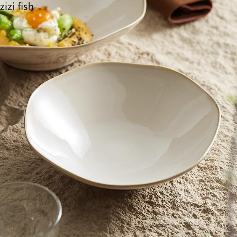 Beige Color Ceramic Bowl Irregular Dessert Bowl Soup Bowl Spaghetti Bowls Salad Bowls Deep Bowls Molecular Cooking Tableware