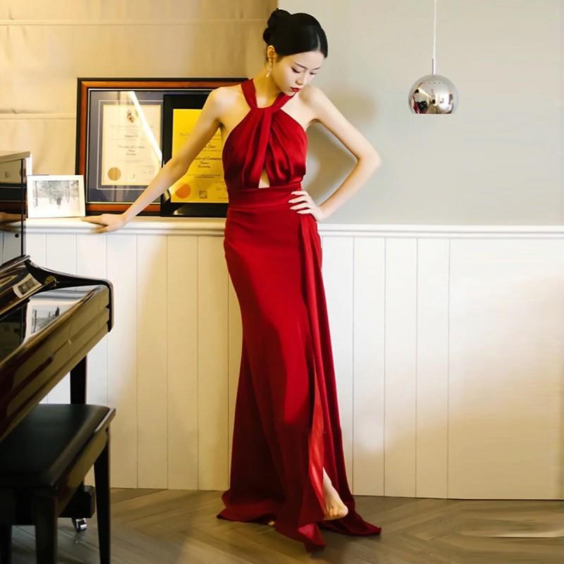 French retro satin light wedding dress new bridal backless simple atmospheric neck dress super fairy go out dress
