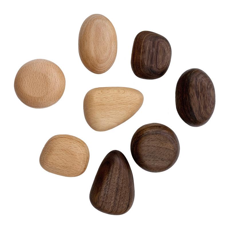 Solid Wood Coat Hook Wall Mounted Clothes Hanger with Handle - Punch Free Door Hanger Pebble Shape for Kitchen Cabinet Organizer